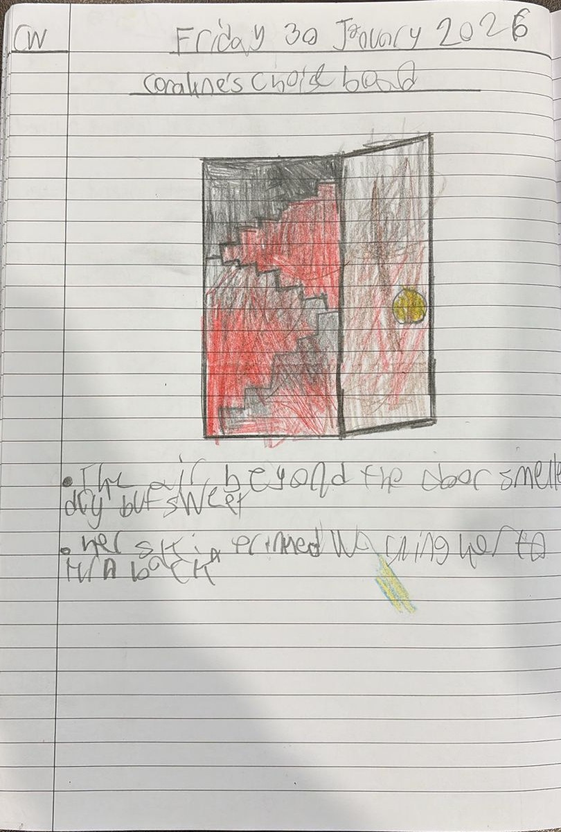 Lucca's notebook page dated Friday 30 January 2026: a drawing of an open door, with red and black zig-zag stairs going up inside, and his handwriting underneath