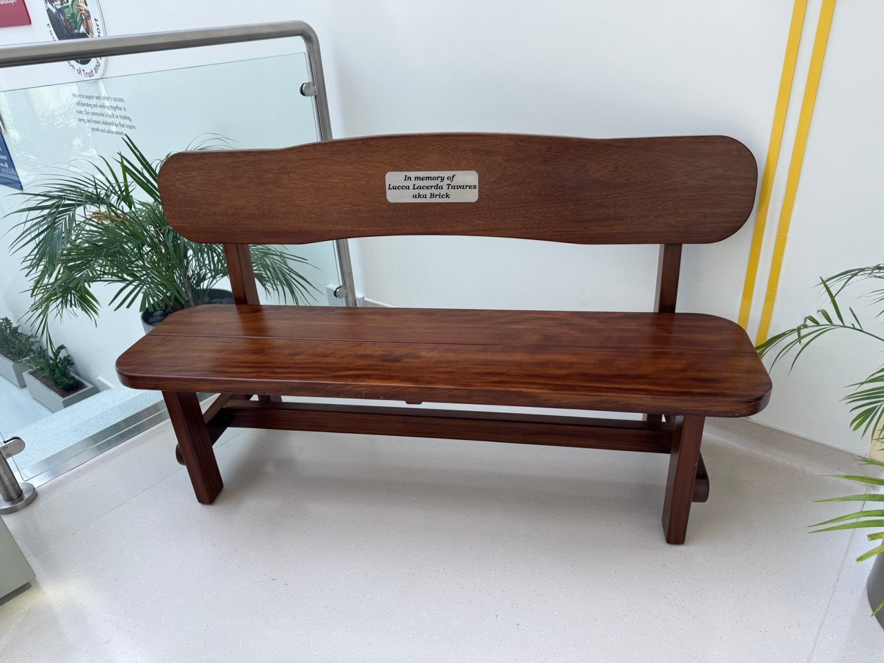 A wooden bench with a small silver plaque, beside green plants in a bright school hallway
